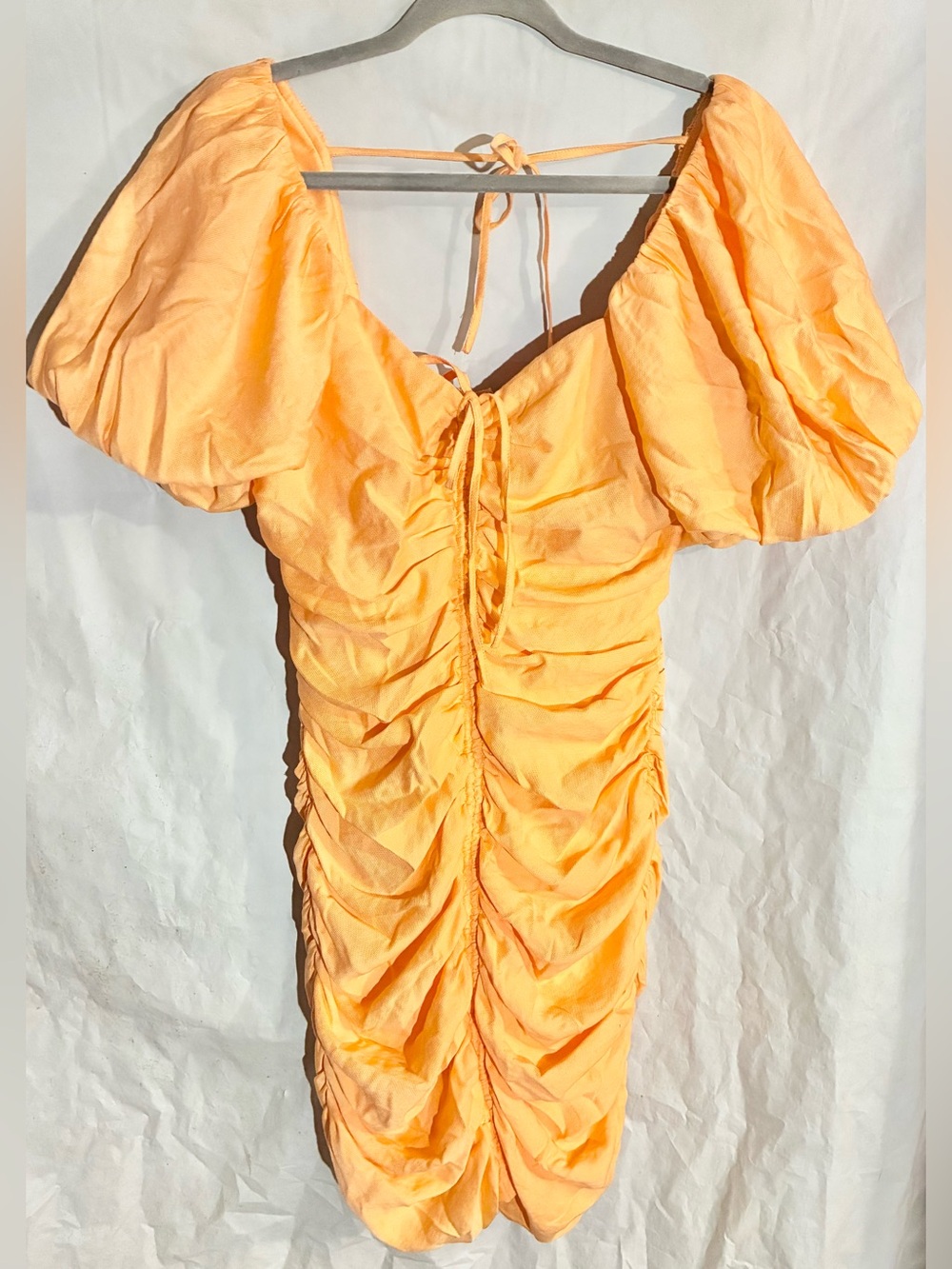 Guess Bright Orange Gathered Fitted Dress Sz 6 Puff Sleeve Tie Neck Draping